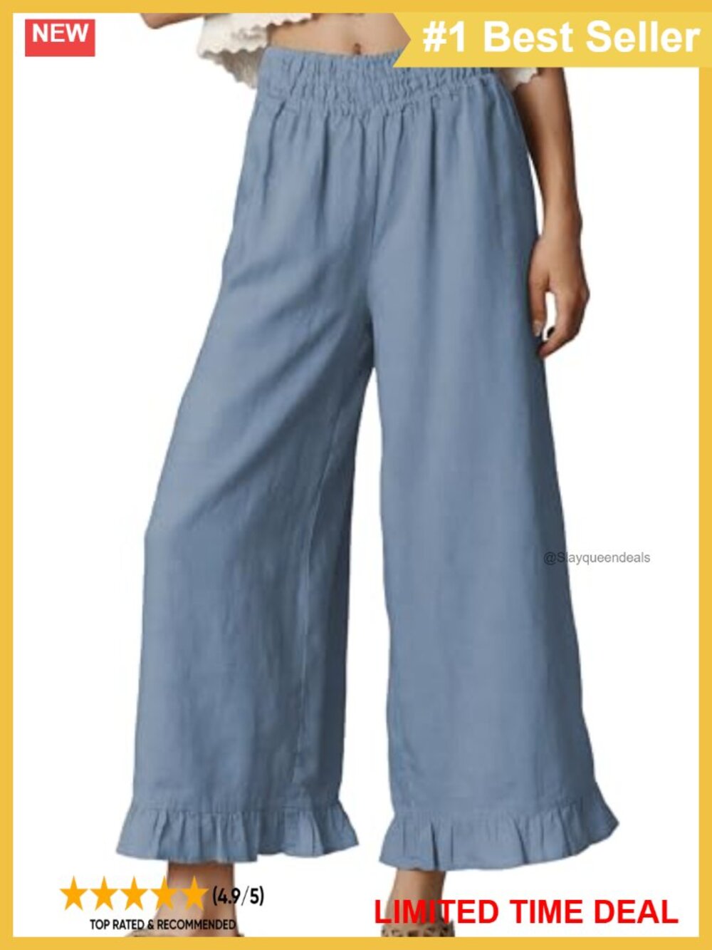 Women's Wide Leg High Waist Ruffle Hem Cropped Pants Loose Casual Lounge